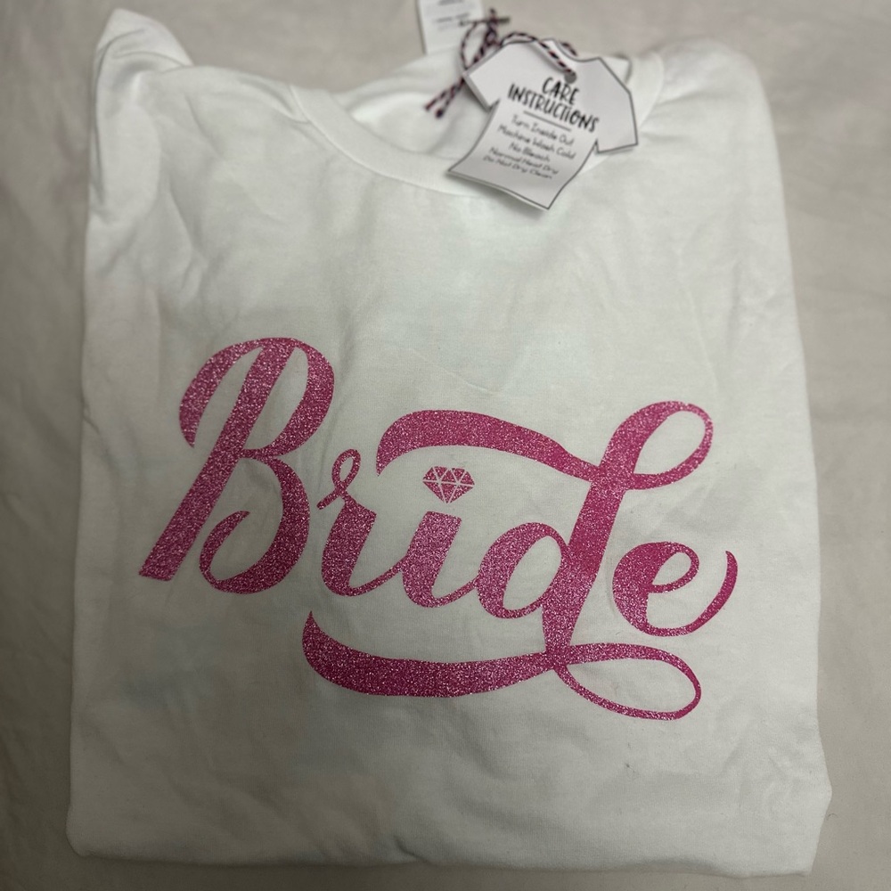 Bride t-shirts in glitter pink letters